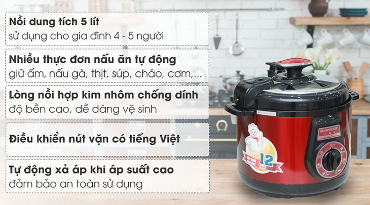 Nồi áp suất điện Sunhouse SHD-1552 5 lít sử dụng áp suất cao để làm chín cơm và thực phẩm Nồi áp suất điện Sunhouse SHD-1552 5 lít sử dụng áp suất cao để làm chín cơm và thực phẩm